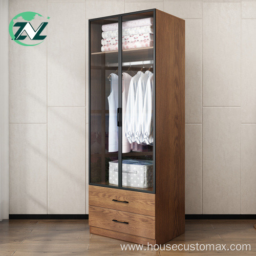 Wooden 2 Glass Door Wardrobe Clothes Cabinet